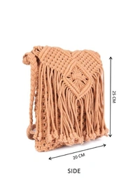 ASTRID Brown Macrame Sling Bag With Flapover Fringes - Free Size, Pink, Macrame, Pack of1